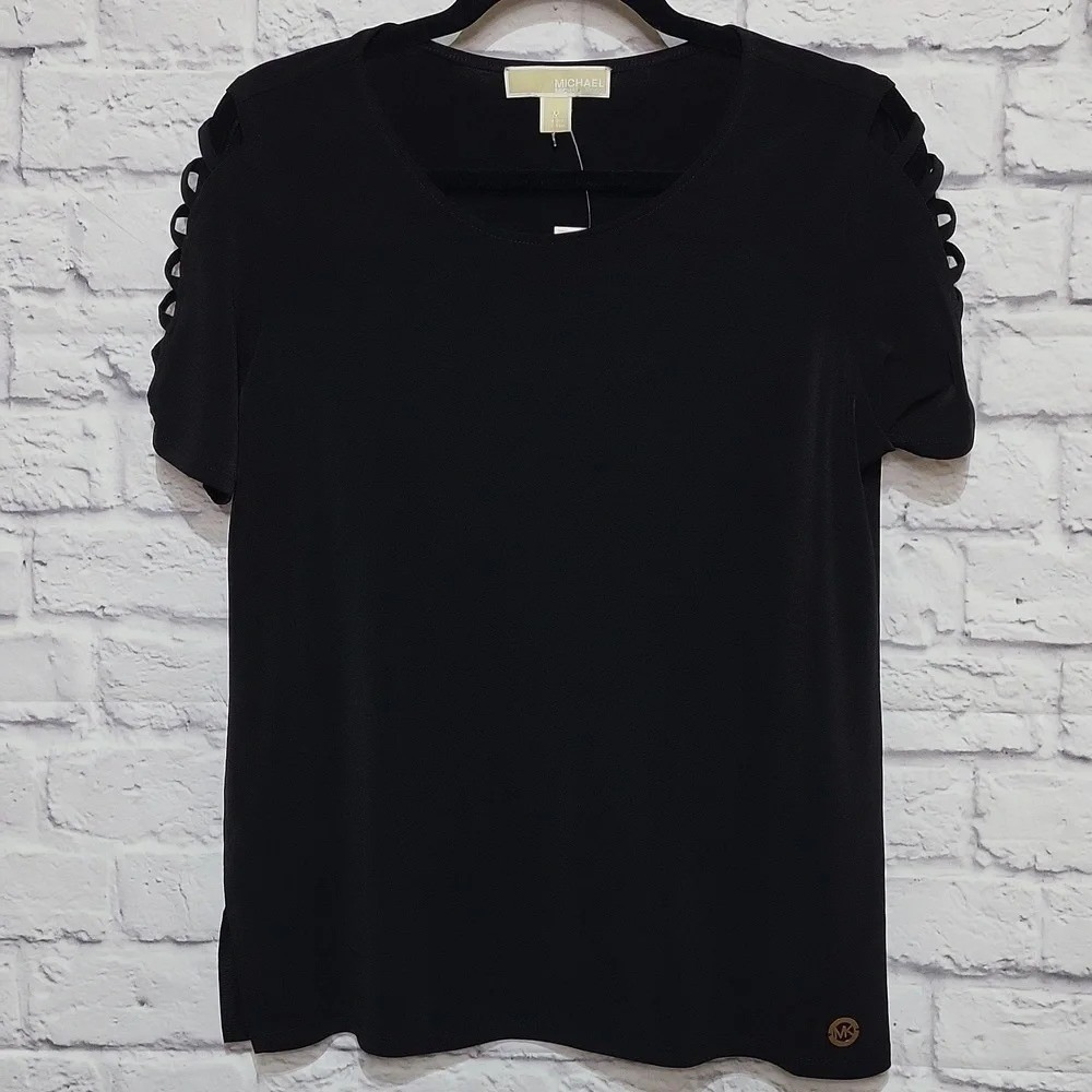 Michael Kors NWT Medium Black Short Sleeve Blouse Ladder Cutout Sleeves
